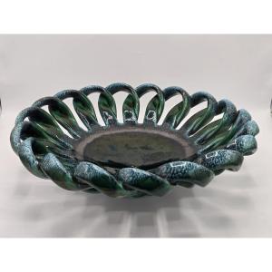 Grande corbeille à fruits en céramique ajourée tressée vert turquoise – années 1960