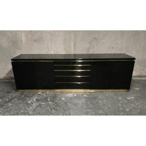 Jean-claude Mahey For Maison Romeo Paris — Sideboard In Black Lacquer And Brass, 1970s