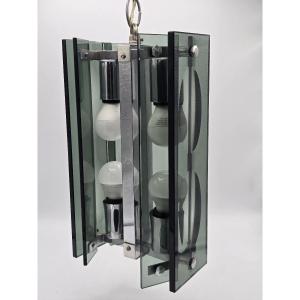 A Pendant Lamp Made Of Thick Green-gray Glass And Chrome-plated Metal, In The Style Of Fontana Arte, 1970