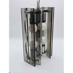 A Pendant Lamp Made Of Thick Gray-black Glass And Chrome-plated Metal, In The Style Of Fontana Arte, 1970