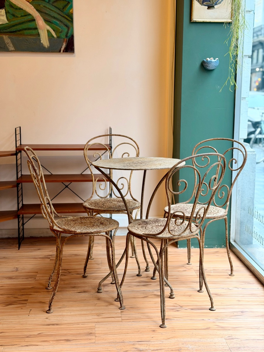Salon de jardin en fer forgé – XIXe siècle, vers 1880, une table et quatre chaises-photo-2