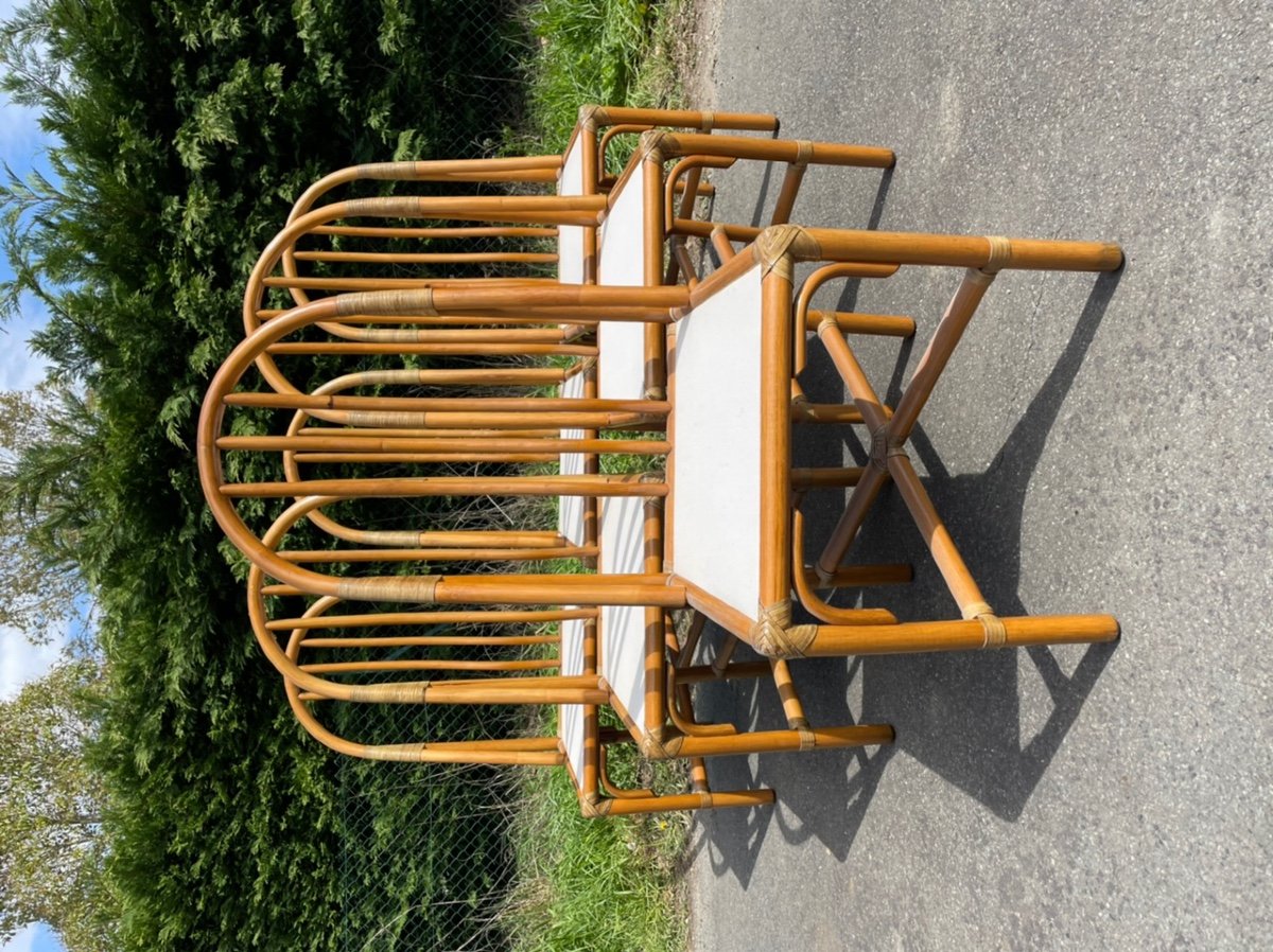 Series Of 6 Vintage Design Rattan And Leather Chairs 1960 Bamboo Armchair-photo-3