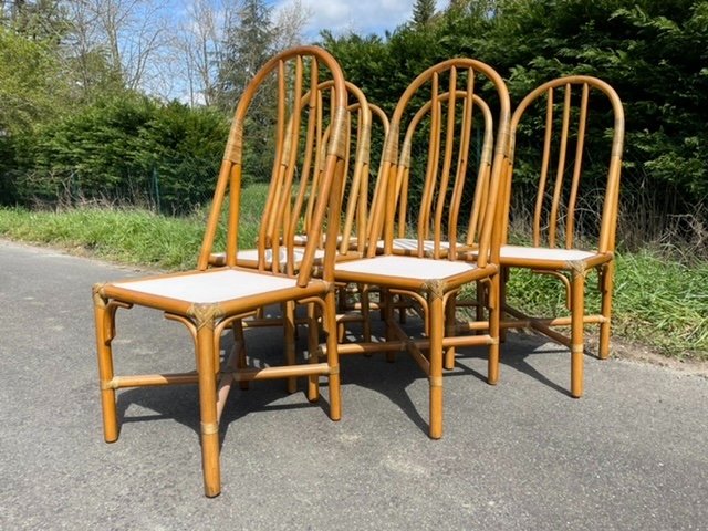 Series Of 6 Vintage Design Rattan And Leather Chairs 1960 Bamboo Armchair-photo-2