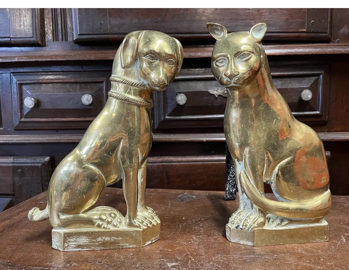 Pair Of 18th Century Bronze Andirons Dog Cat Andirons Fireplace High Period Russia