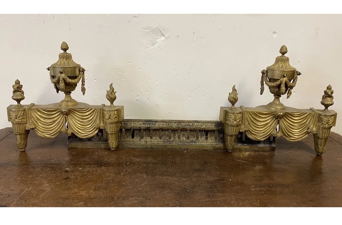 Gilt Bronze Fireplace Bar Louis XVI Empire Pair Of Andirons 19th Century