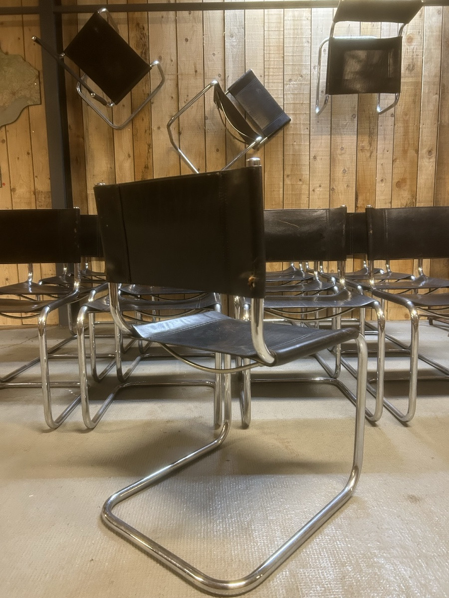 Set Of 20 Black Leather Chairs By Matteo Grassi For Fasem, Marcel Breuer Knoll-photo-2