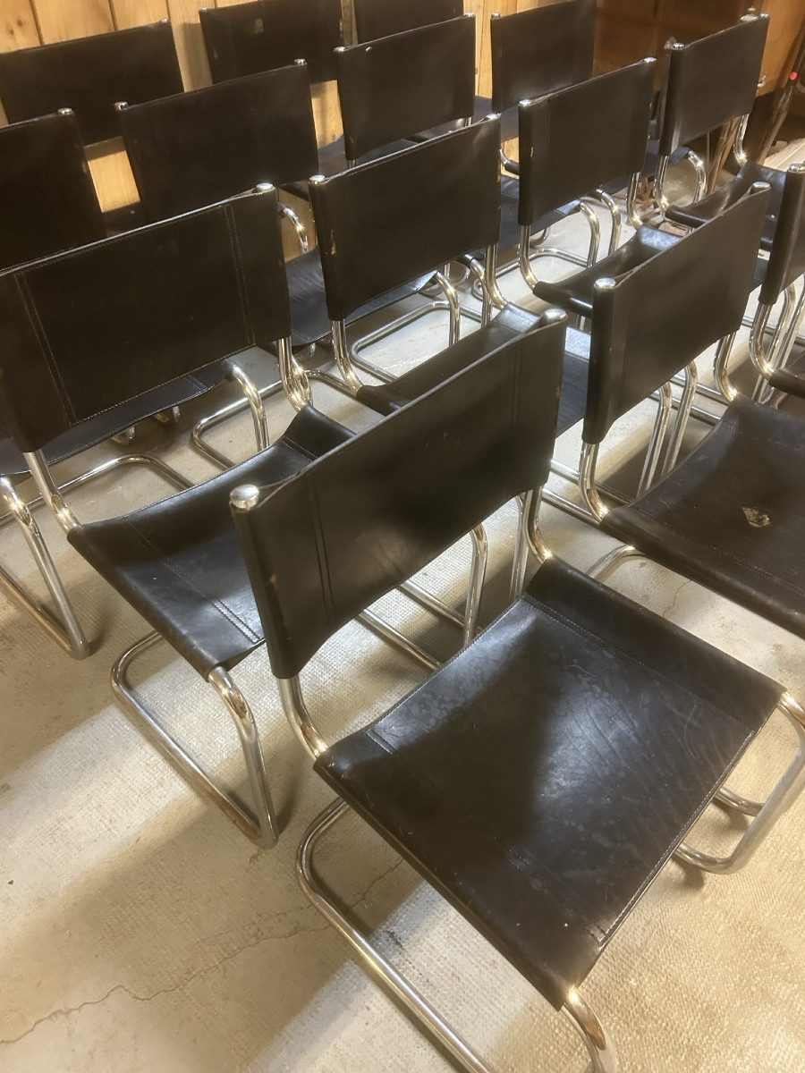 Set Of 20 Black Leather Chairs By Matteo Grassi For Fasem, Marcel Breuer Knoll-photo-3