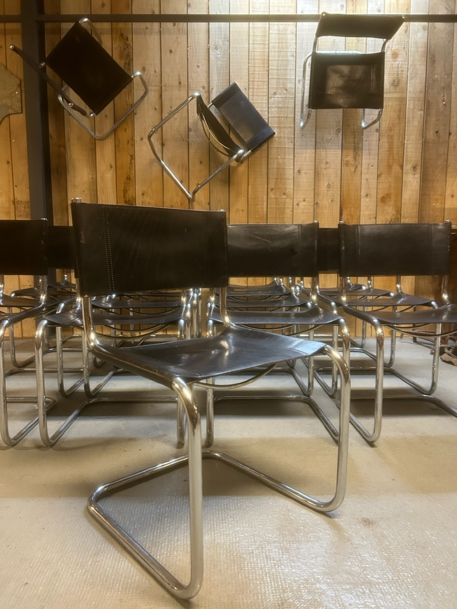 Set Of 20 Black Leather Chairs By Matteo Grassi For Fasem, Marcel Breuer Knoll