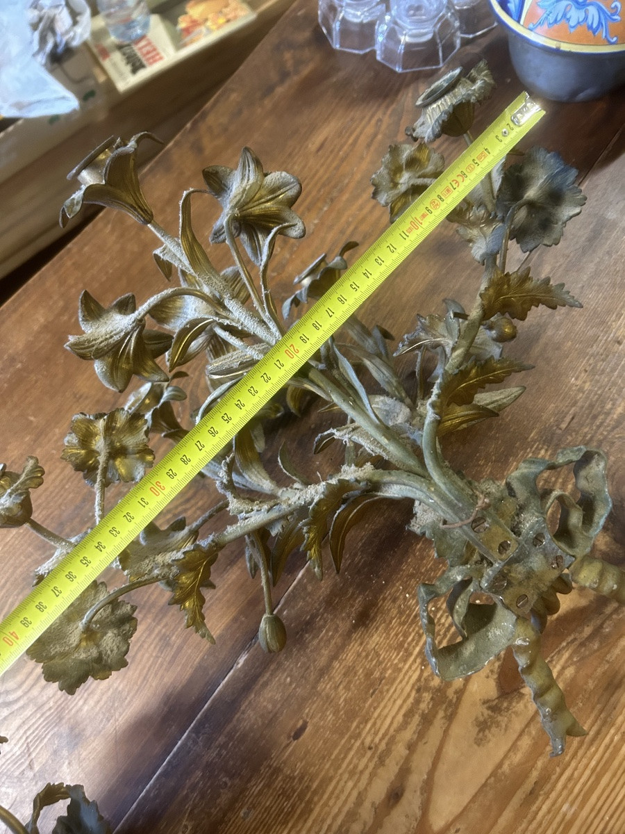 Grande Paire d Applique Bronze Doré Ancien Église Fleur Napoléon III Lampe-photo-3