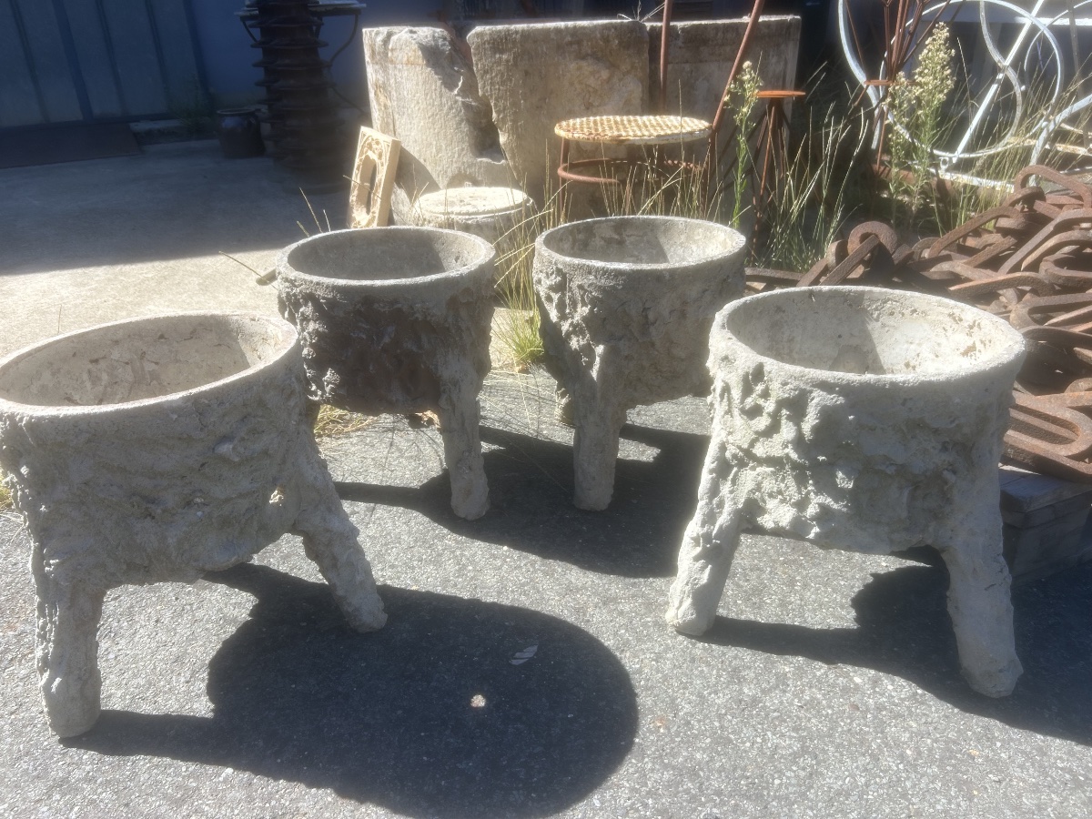 Set Of 4 Planters: Cement With Antique Wood-look Finish, Garden Vases And Pots From The 19th Century-photo-4