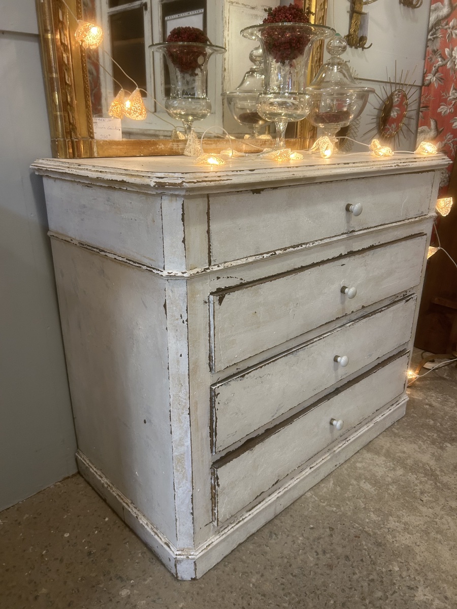 Commode Patiné Blanche Ancien Meuble Peint Enfilade XIXeme