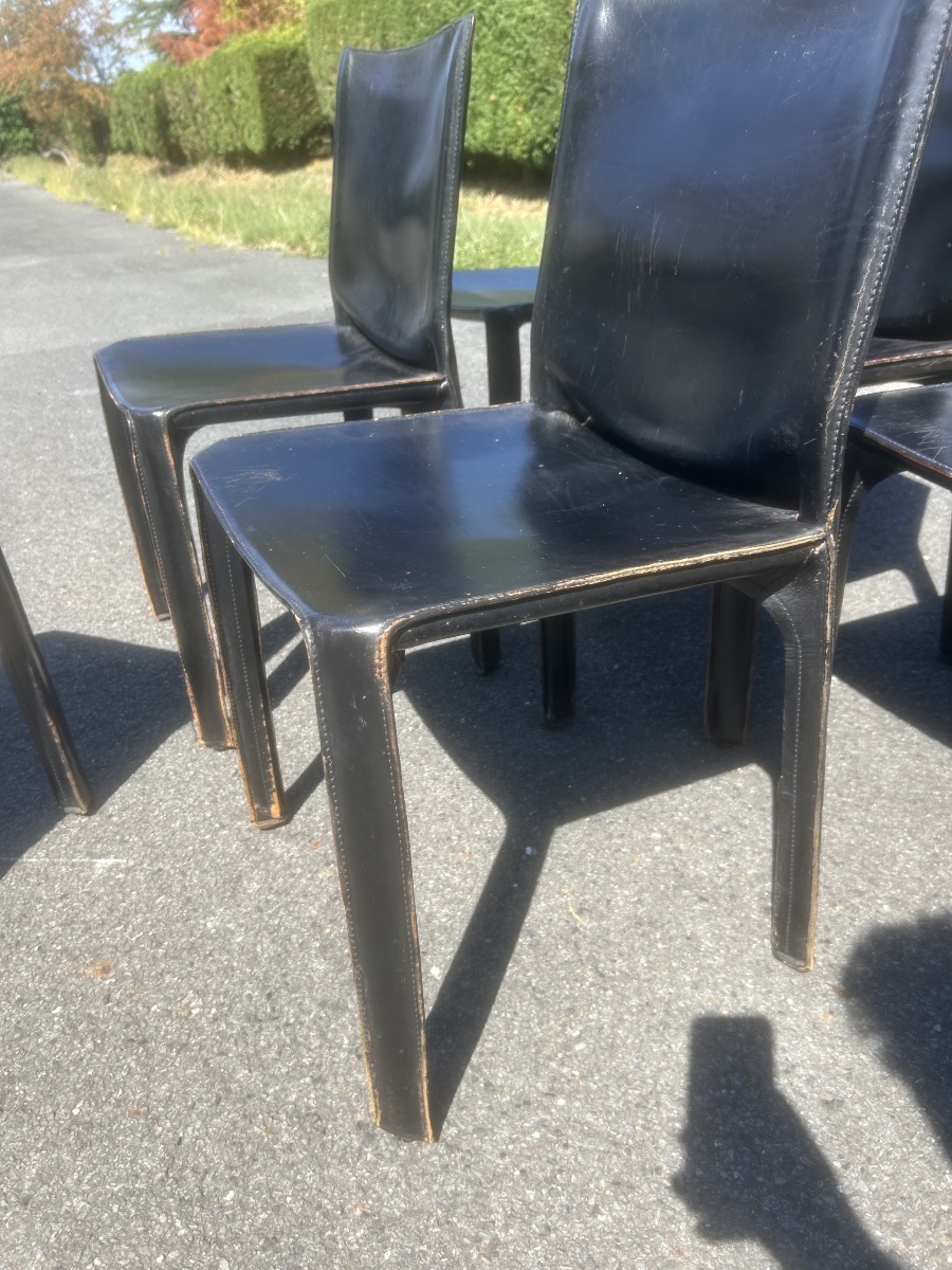 Set Of 6 Cassina Chair 412 "cab" By Mario Bellini, Vintage Leather Design -photo-3