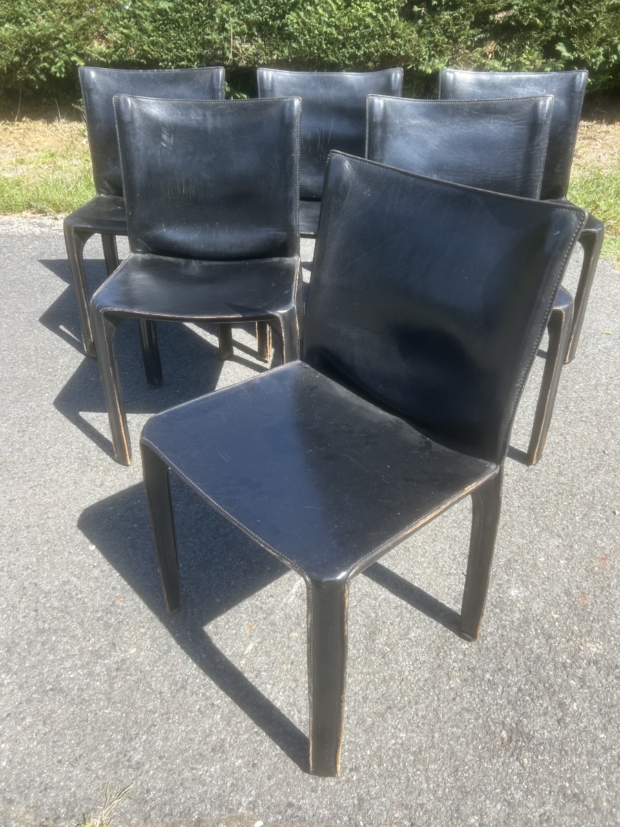 Set Of 6 Cassina Chair 412 "cab" By Mario Bellini, Vintage Leather Design -photo-4