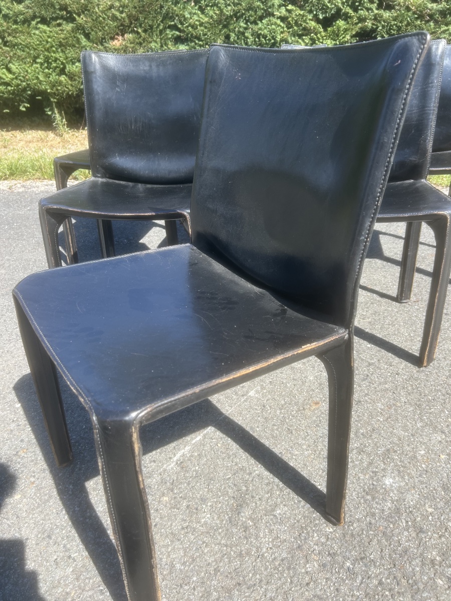 Set Of 6 Cassina Chair 412 "cab" By Mario Bellini, Vintage Leather Design -photo-1