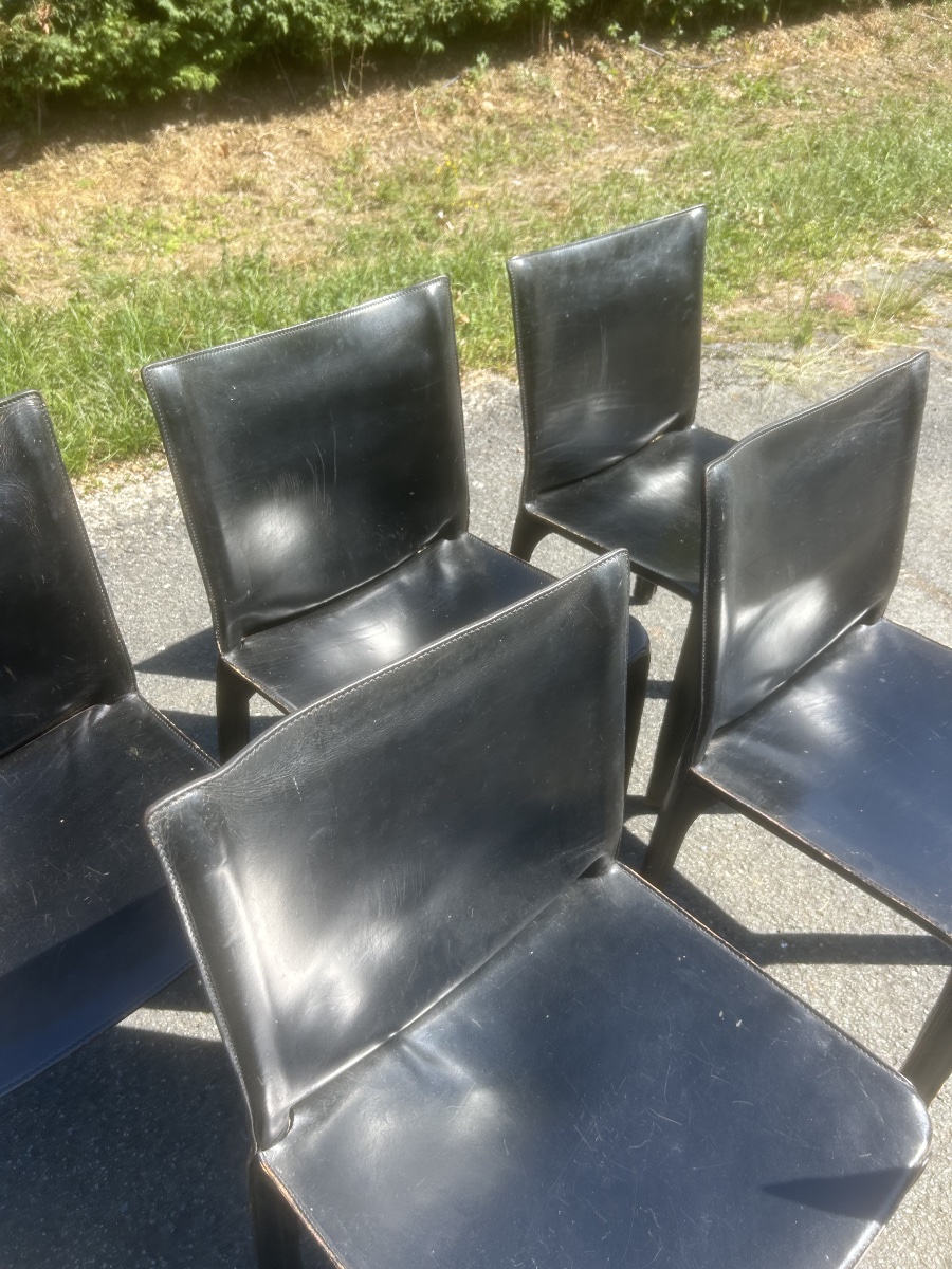 Set Of 6 Cassina Chair 412 "cab" By Mario Bellini, Vintage Leather Design -photo-4