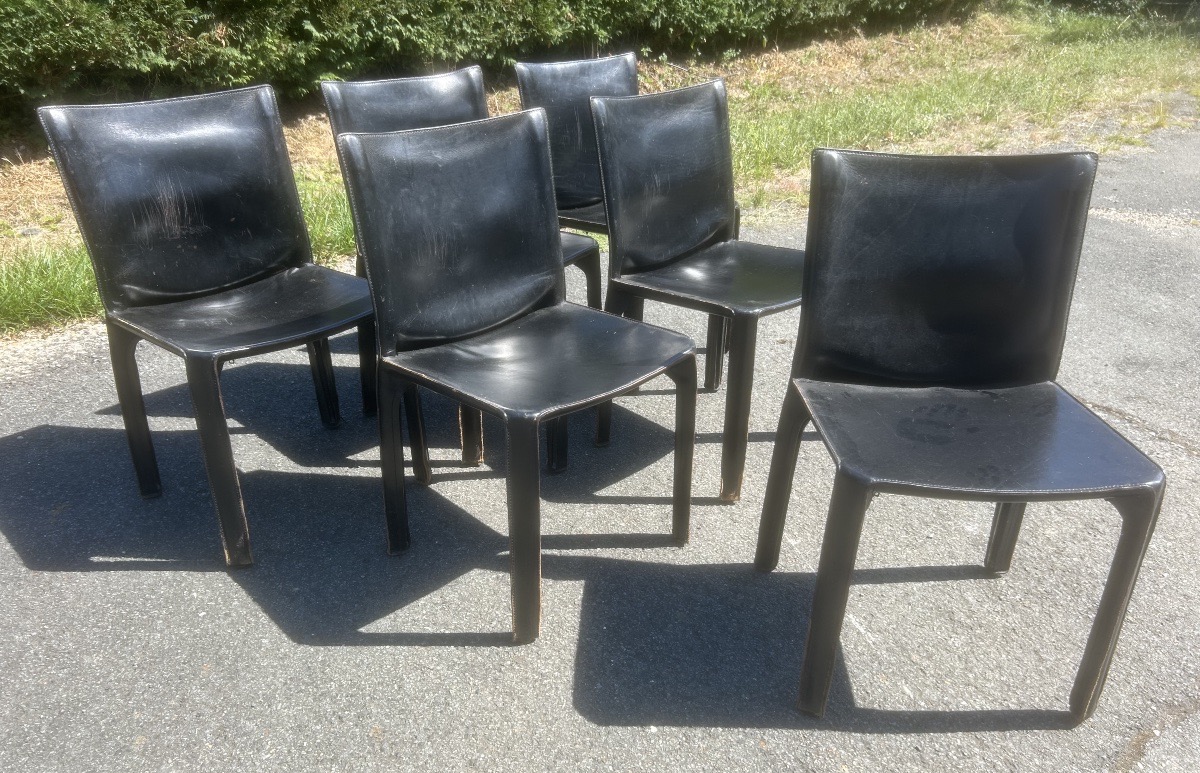 Set Of 6 Cassina Chair 412 "cab" By Mario Bellini, Vintage Leather Design 