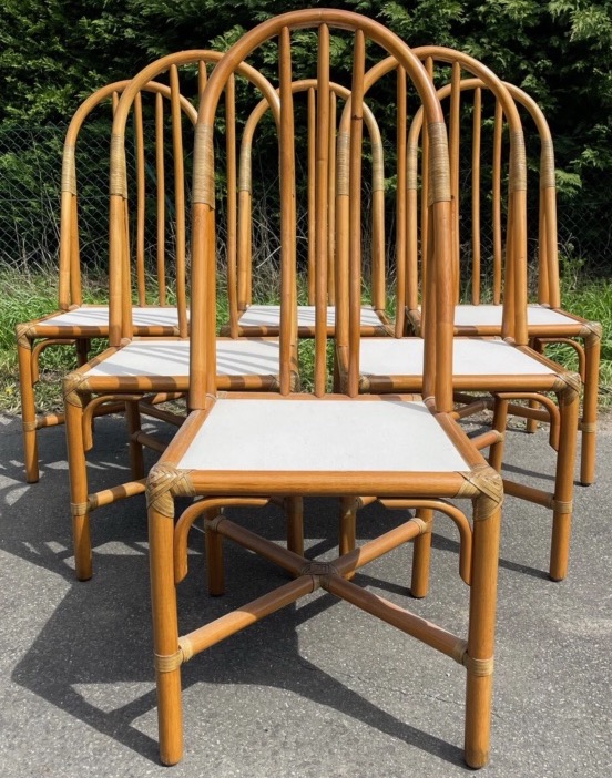 Set Of 6 Vintage Rattan And Leather Chairs, 1960s Design, Bamboo Armchair