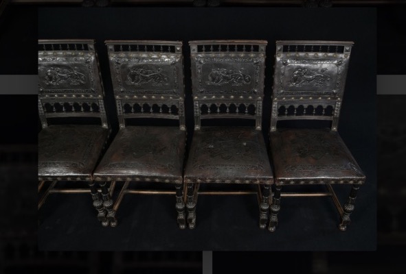 Set Of 6 Blackened Wood And Leather Chairs, 19th Century, Napoleon III, Henry Ii, Château Style -photo-2