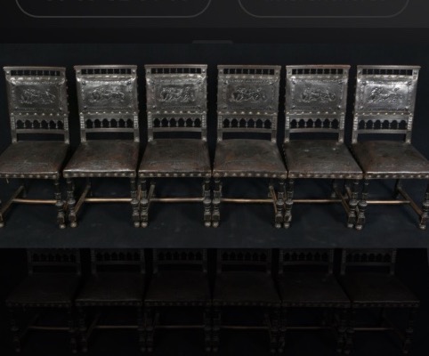 Set Of 6 Blackened Wood And Leather Chairs, 19th Century, Napoleon III, Henry Ii, Château Style -photo-3