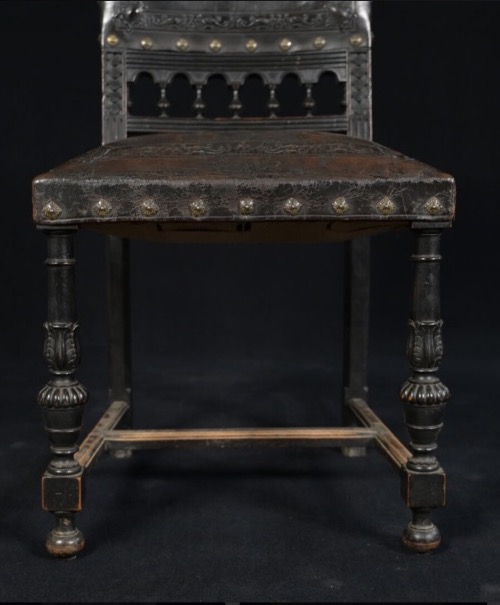 Set Of 6 Blackened Wood And Leather Chairs, 19th Century, Napoleon III, Henry Ii, Château Style -photo-2
