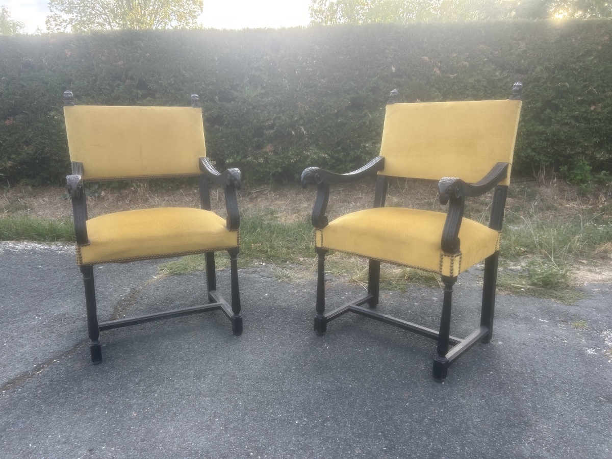 Pair Of Antique Armchairs With Ram Motifs, Napoleon III Style, Louis XIII Castle Style -photo-4