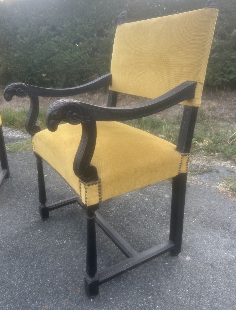 Pair Of Antique Armchairs With Ram Motifs, Napoleon III Style, Louis XIII Castle Style 