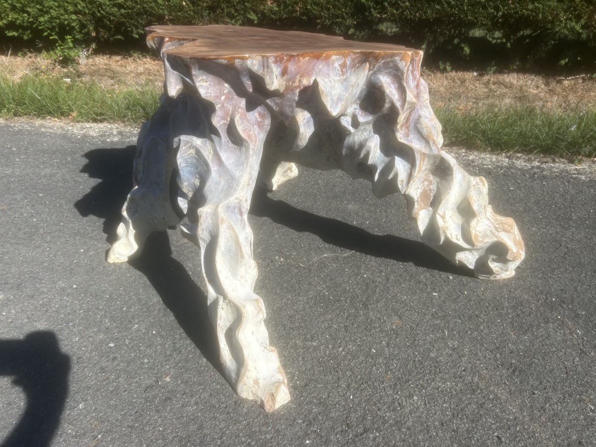 Antique Carved Root Coffee Table, Vintage Brutalist Design, Solid Wood-photo-5
