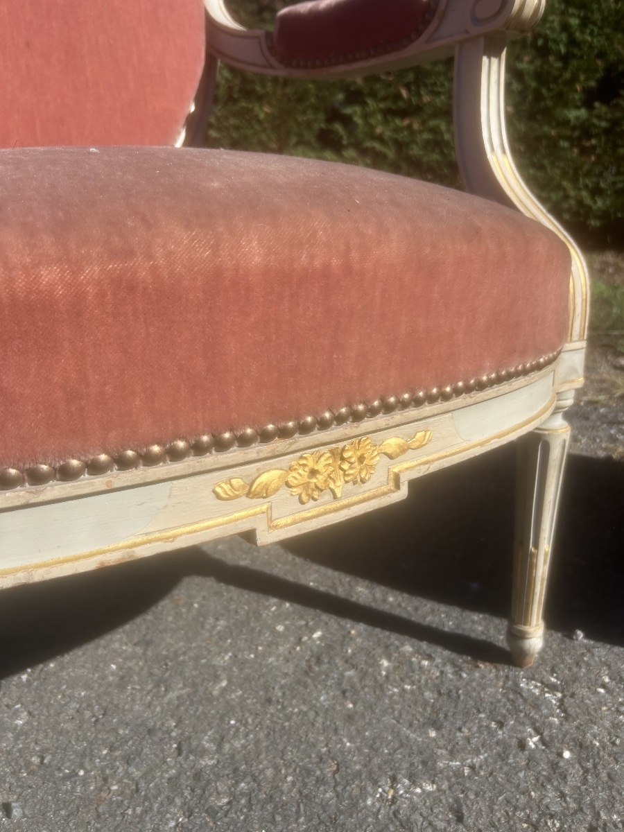 Paire de Fauteuil Style Louis XVI Napoléon III Bois Doré Ancien Château-photo-2
