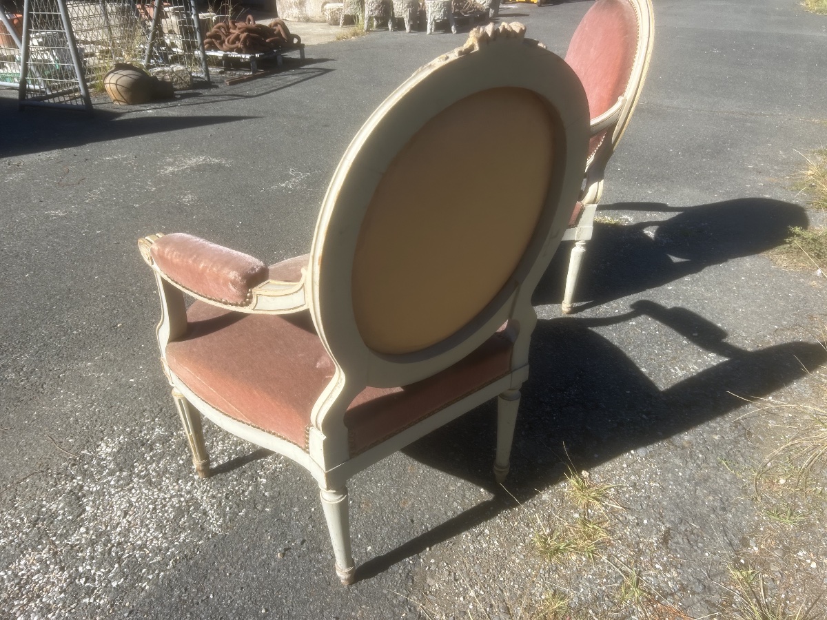 Paire de Fauteuil Style Louis XVI Napoléon III Bois Doré Ancien Château-photo-1
