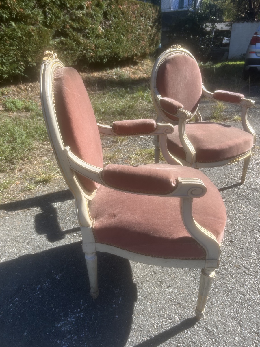 Paire de Fauteuil Style Louis XVI Napoléon III Bois Doré Ancien Château-photo-2