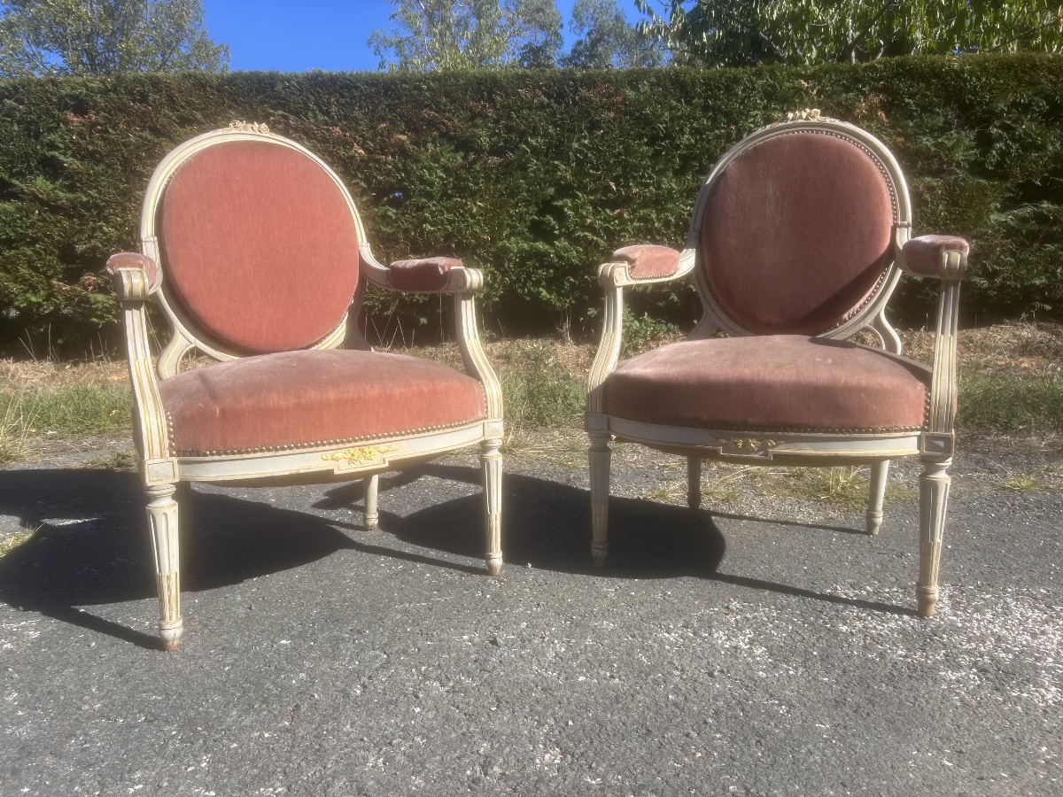 Paire de Fauteuil Style Louis XVI Napoléon III Bois Doré Ancien Château