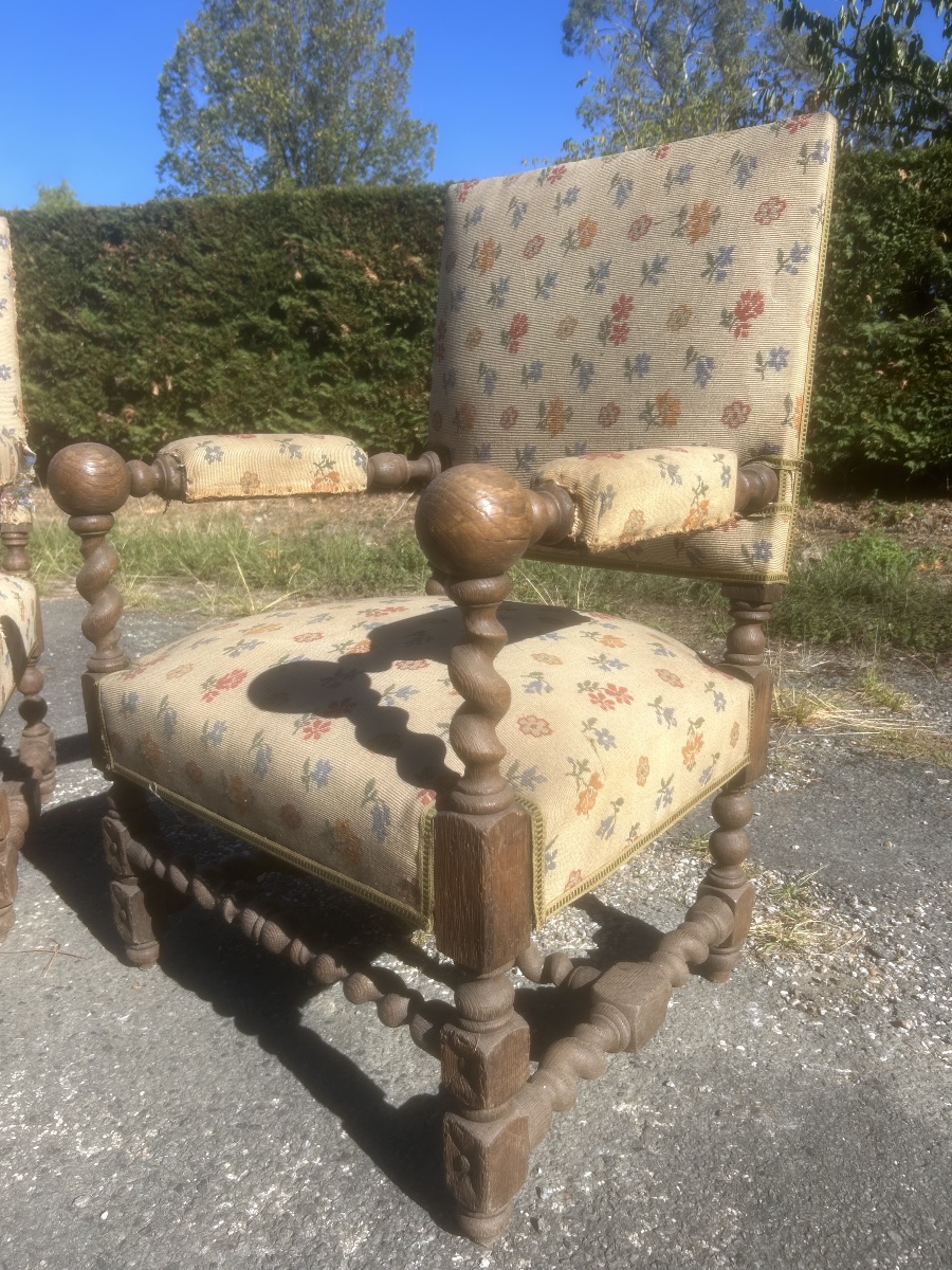 Pair Of Napoleon III-style Louis XIII Armchairs, Turned Wood, Château-photo-2