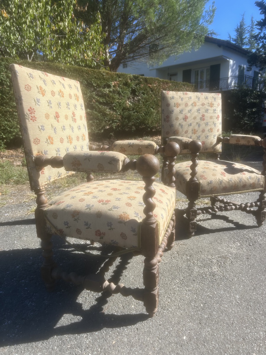 Pair Of Napoleon III-style Louis XIII Armchairs, Turned Wood, Château-photo-3