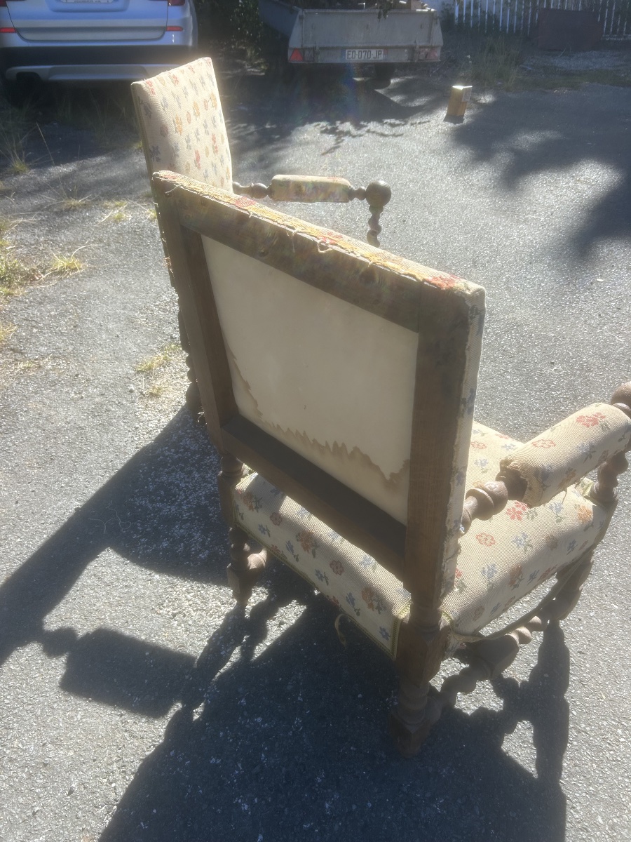 Pair Of Napoleon III-style Louis XIII Armchairs, Turned Wood, Château-photo-4