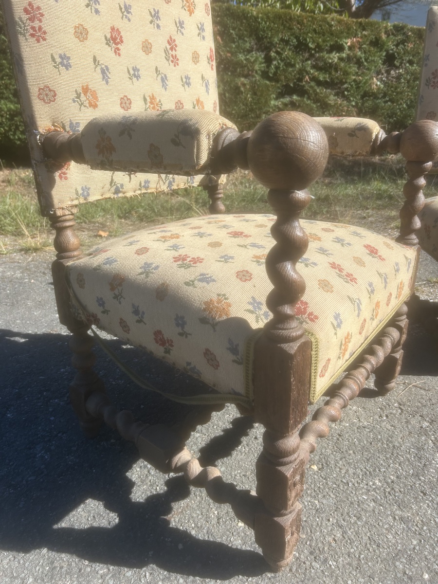 Pair Of Napoleon III-style Louis XIII Armchairs, Turned Wood, Château-photo-1