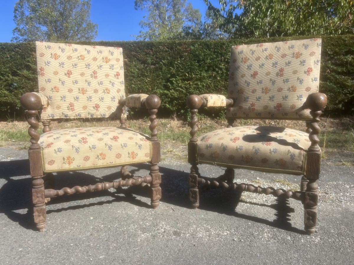 Pair Of Napoleon III-style Louis XIII Armchairs, Turned Wood, Château
