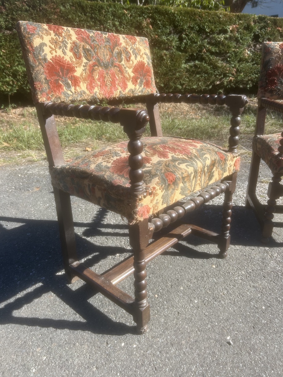 Fausse Paire de Fauteuil à Bras Haute Epoque Louis XIII Belier Château-photo-2