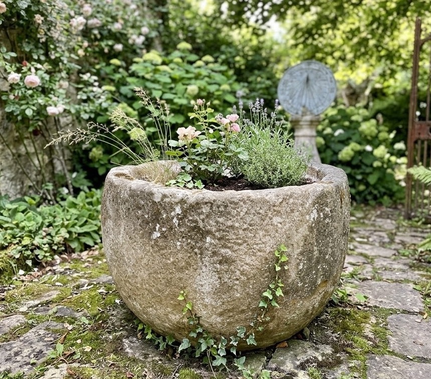 Antique Round Stone Basin, Fountain, Vase, Pot, Planter 