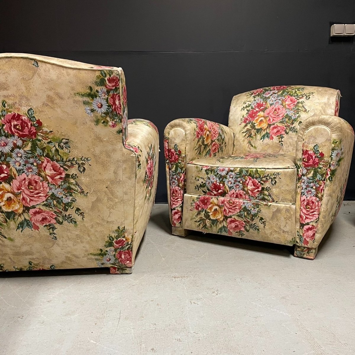 Paire De Fauteuil Club Tapisserie Fleur -photo-4