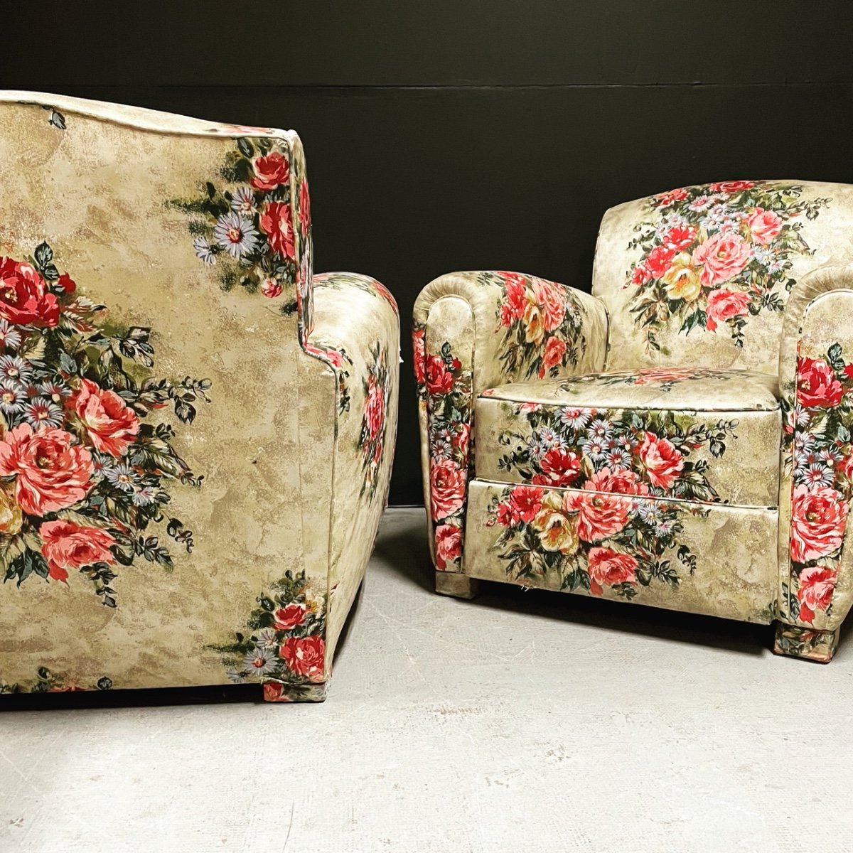 Paire De Fauteuil Club Tapisserie Fleur -photo-4