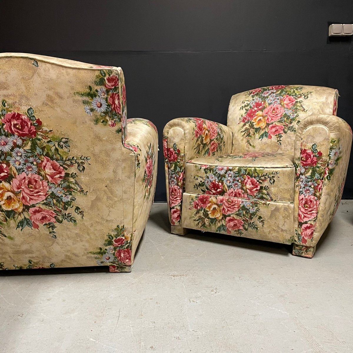 Paire De Fauteuil Club Tapisserie Fleur -photo-5