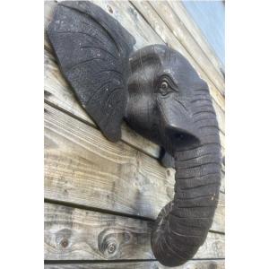 Antique Carved Wooden Elephant Head, Safari Massacre, Vintage Taxidermy Sculpture
