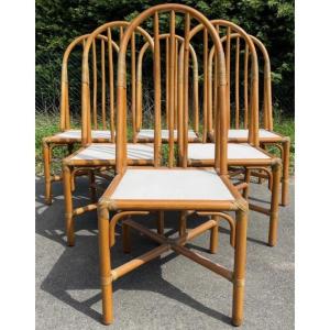 Série de 6 Chaises Rotin et Cuir Vintage Design 1960 Fauteuil Bambou