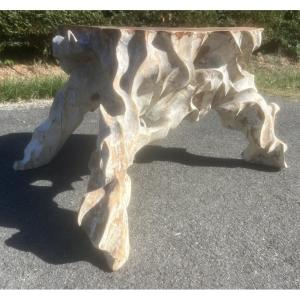 Table Basse Ancienne Racine Sculpté Vintage Design Brutaliste Bois Massif