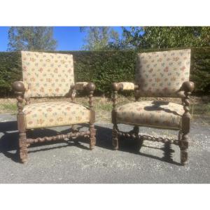 Pair Of Napoleon III-style Louis XIII Armchairs, Turned Wood, Château