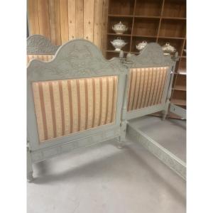 Pair Of Twin Beds, Painted Wood, 19th Century, Louis XVI Empire Style, 180x110 Cm