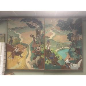 2x1.5m Jacques Liozu Large-format Pair Of Oil-on-canvas Paintings: Tarn, Albi