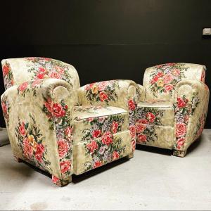 Paire De Fauteuil Club Tapisserie Fleur 