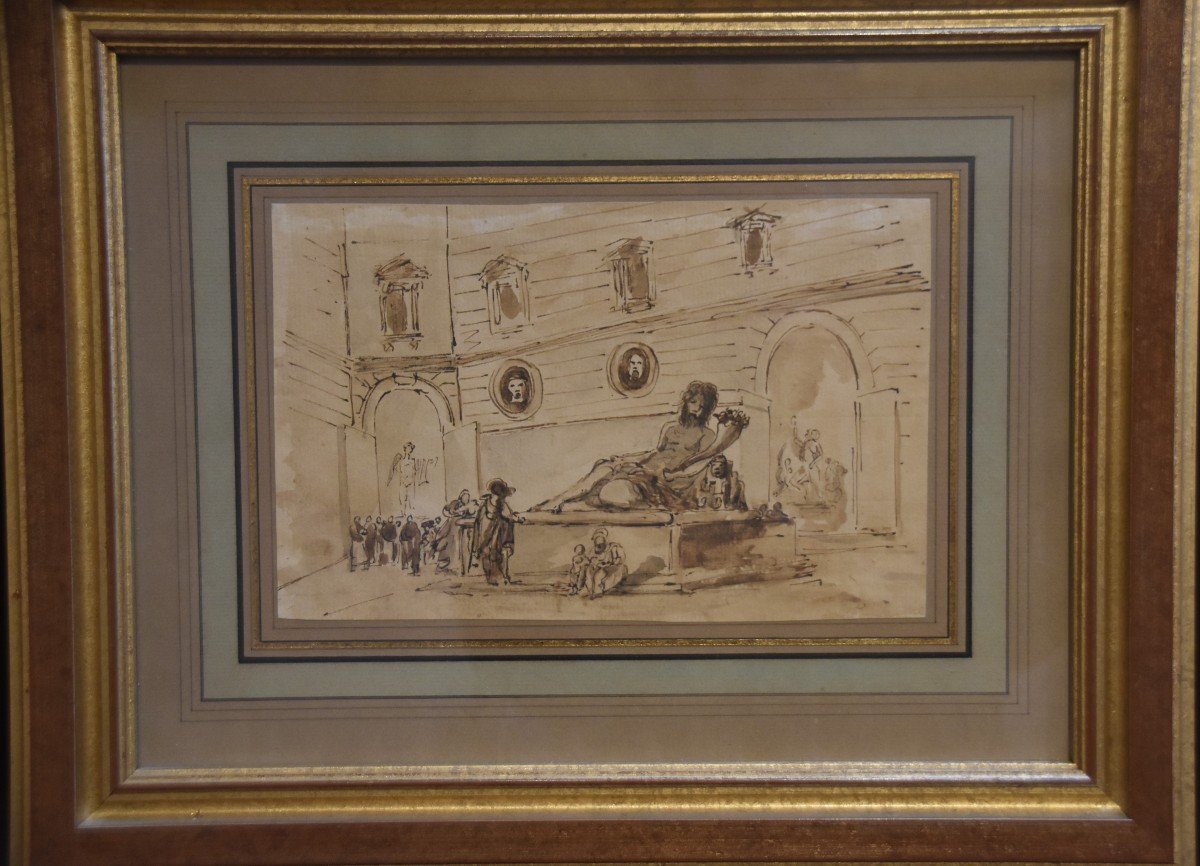 18th Century Roman School , A Palazzo With Antiques, Drawing-photo-3