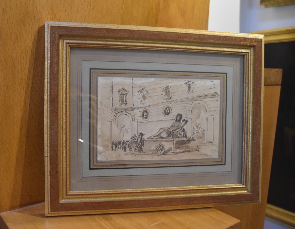 18th Century Roman School , A Palazzo With Antiques, Drawing-photo-1